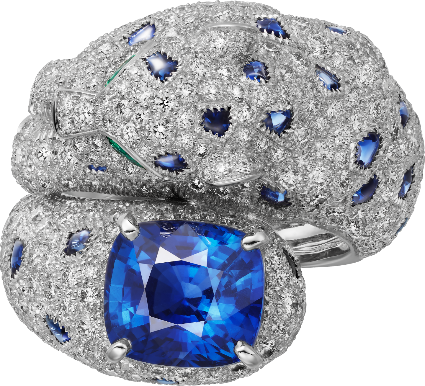 Bague Panthère de Cartier, saphir taille coussin, pavée
