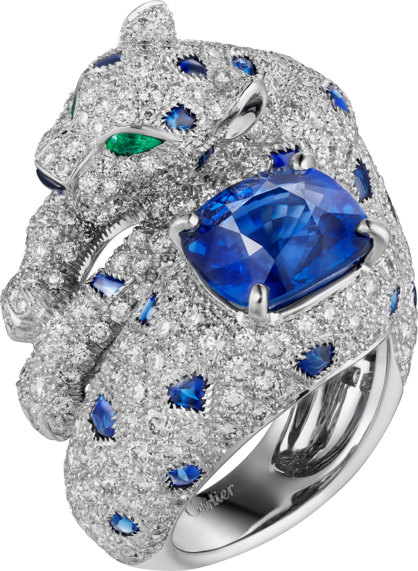 Bague Panthère de Cartier, saphir taille coussin, pavée