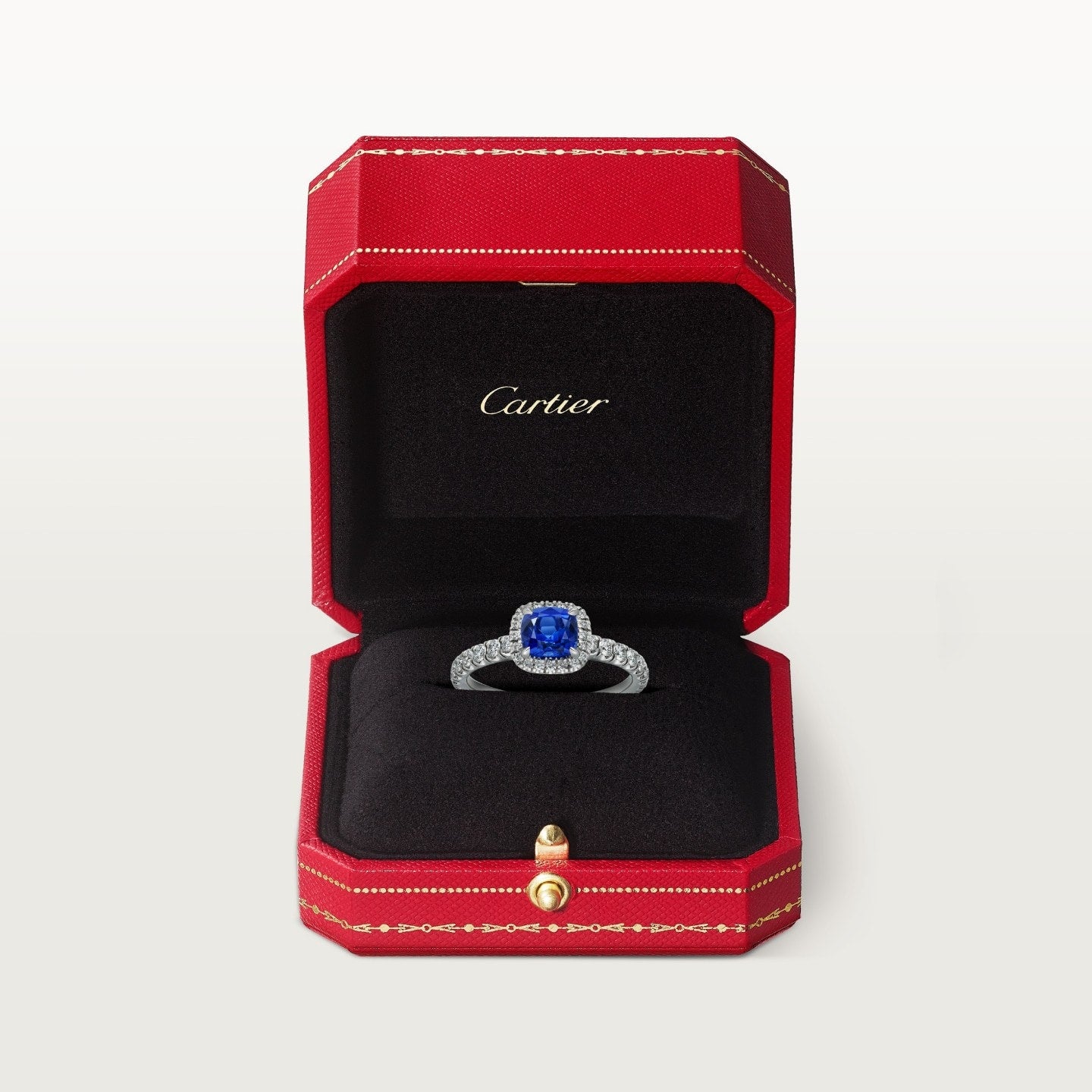 Solitaire Cartier Destinée, saphir taille coussin, pavé