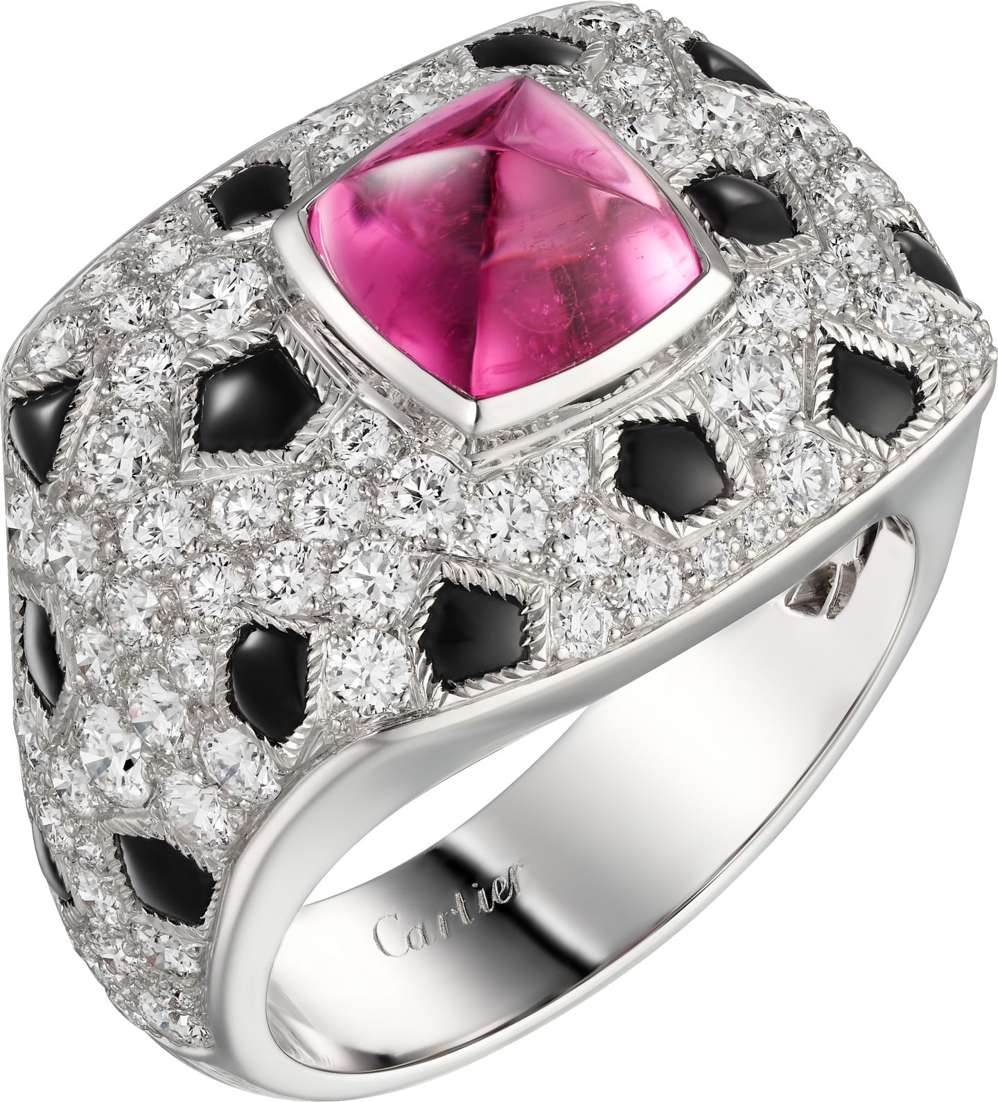 Bague Panthère de Cartier, rubellite taille pain de sucre, petit modèle, pavée