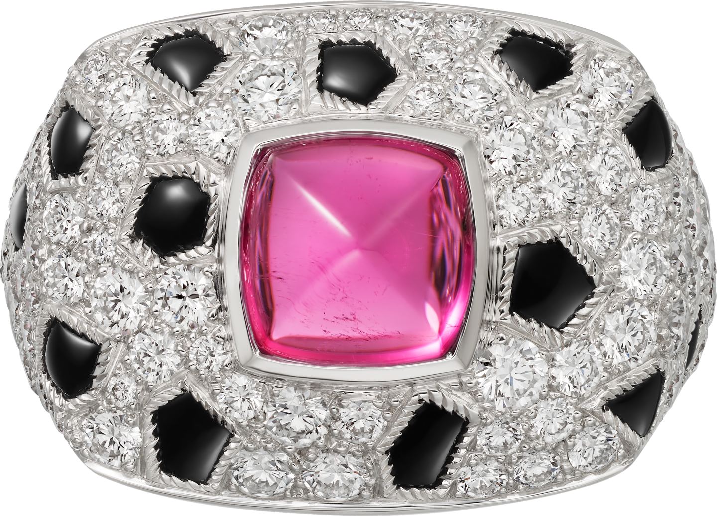 Bague Panthère de Cartier, rubellite taille pain de sucre, petit modèle, pavée