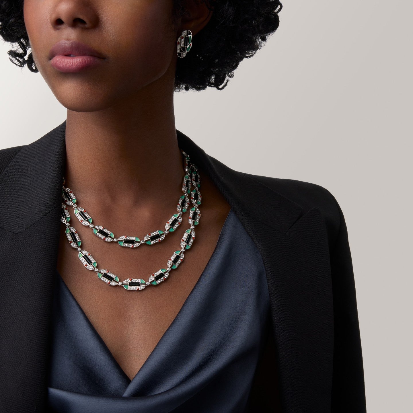 Collier Géométrie & Contrastes, chrysoprase, multiporté, pavé