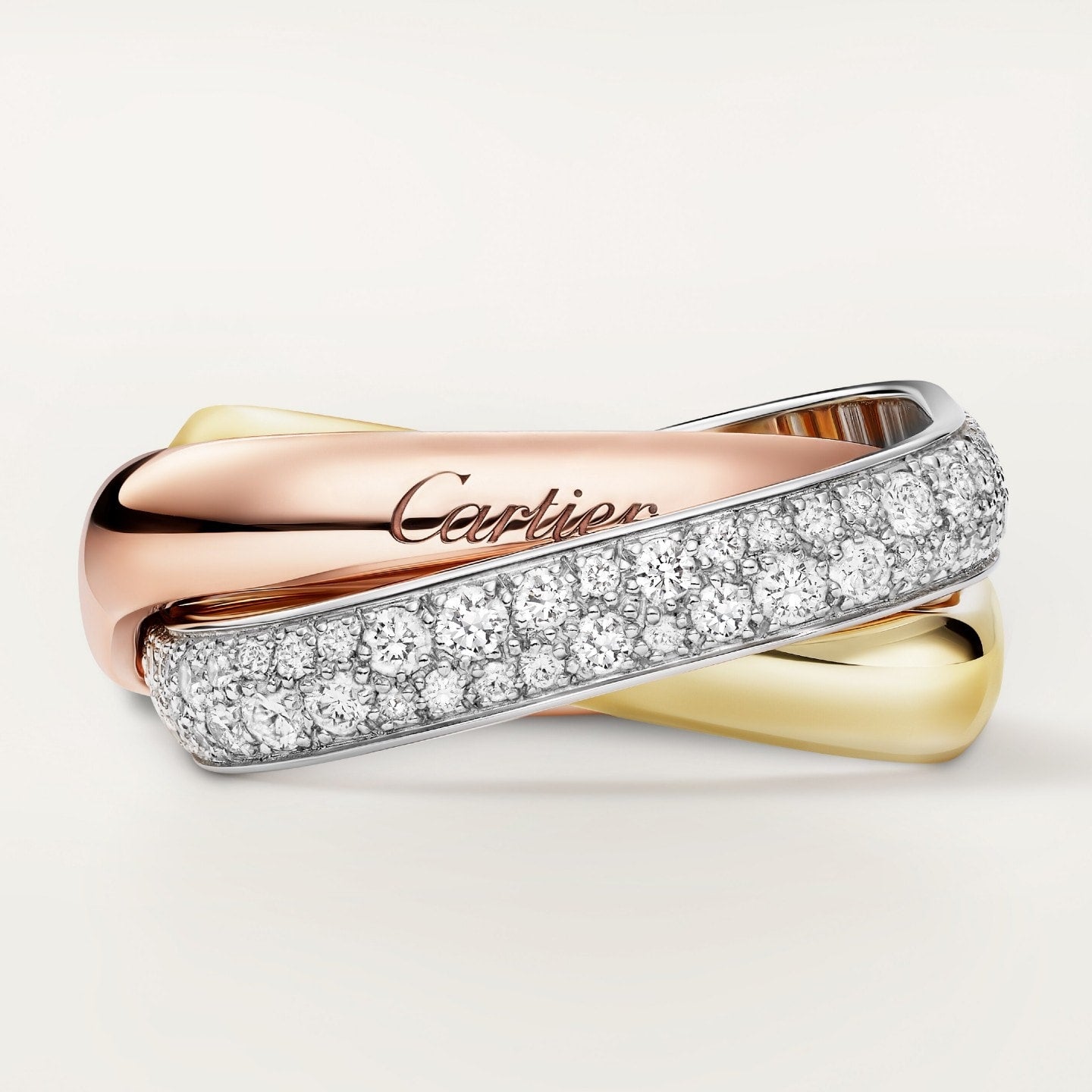 Bague Trinity, de forme coussin, modèle classique, pavée
