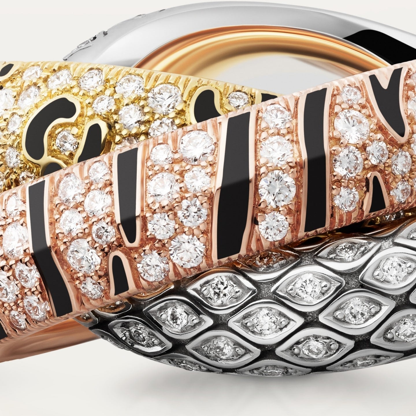 Bague deux doigts Trinity, laque, pavée