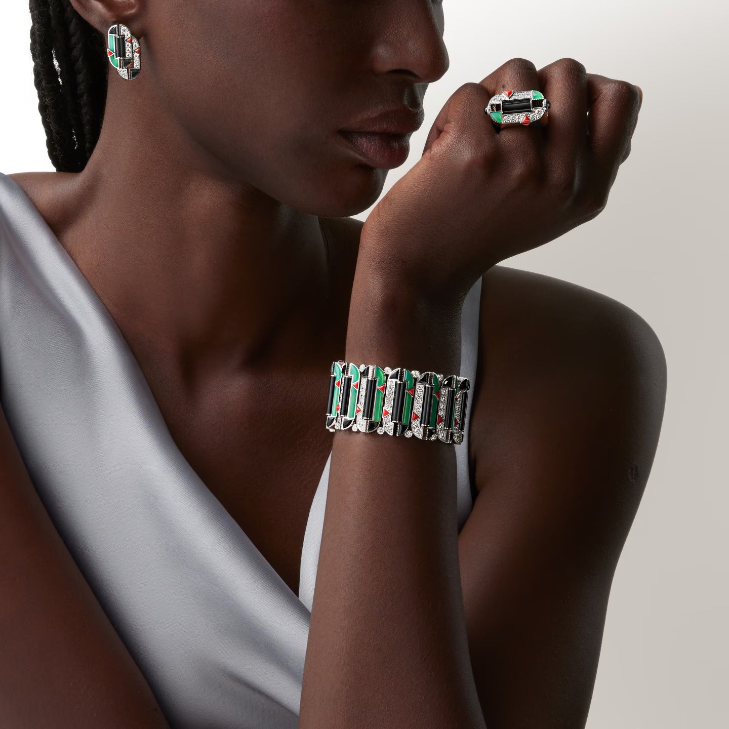 Bague Géométrie & Contrastes, chrysoprase, pavée