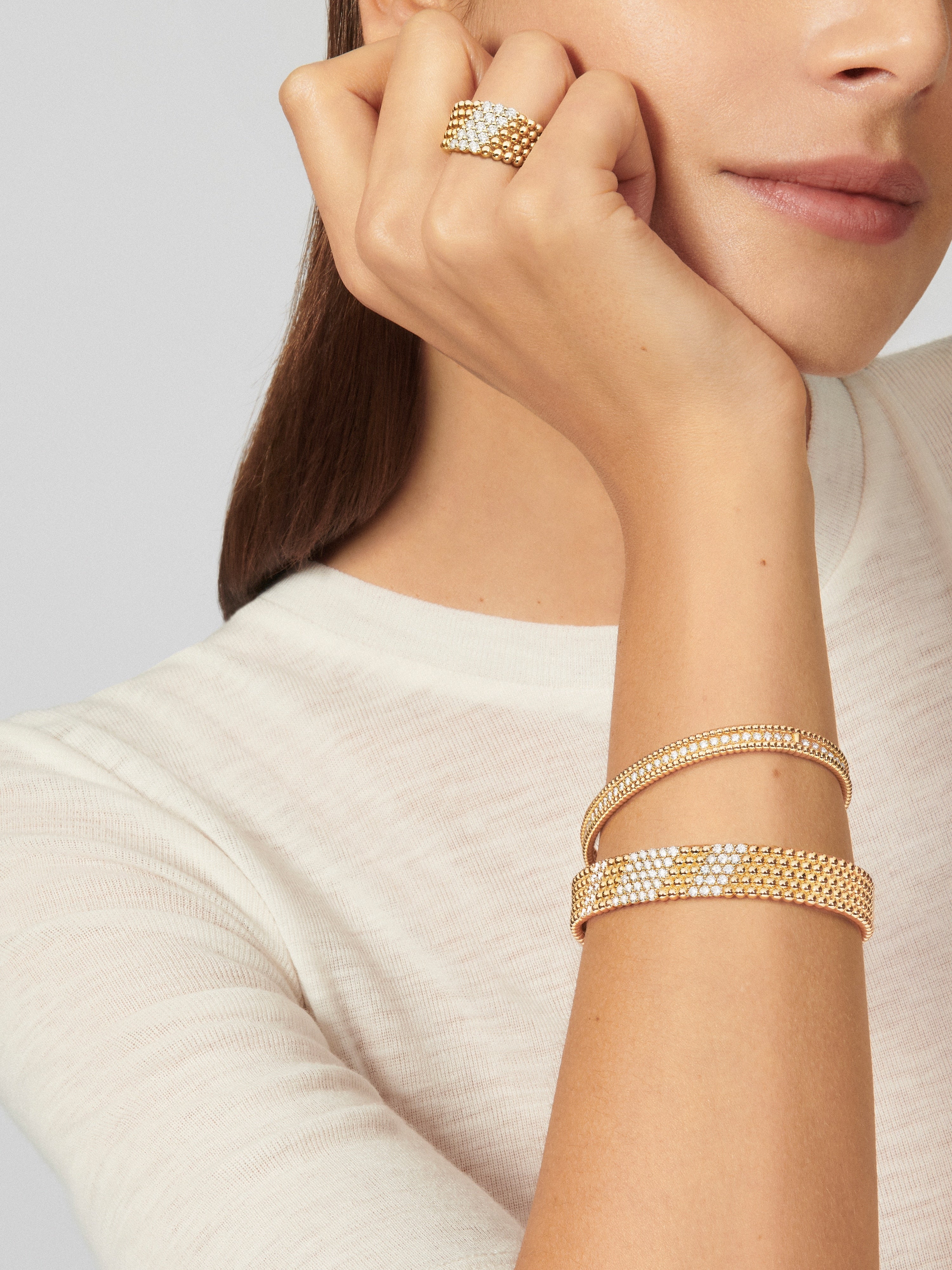 Bague Perlée diamants, 5 rangs