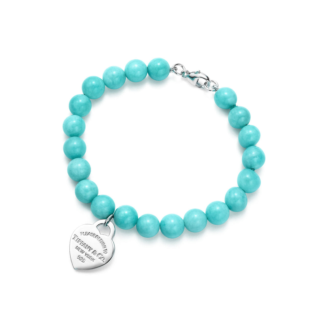 Bracelet de perles Plaque Cœur en argent 925 millièmes et amazonite. 8 mm.