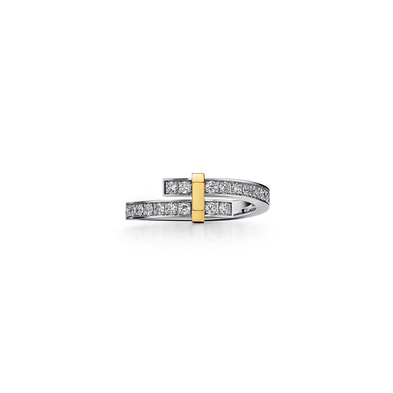 Tiffany Edge Bague Bypass en platine 950 millièmes, or jaune 18 carats et diamants. Étroite.