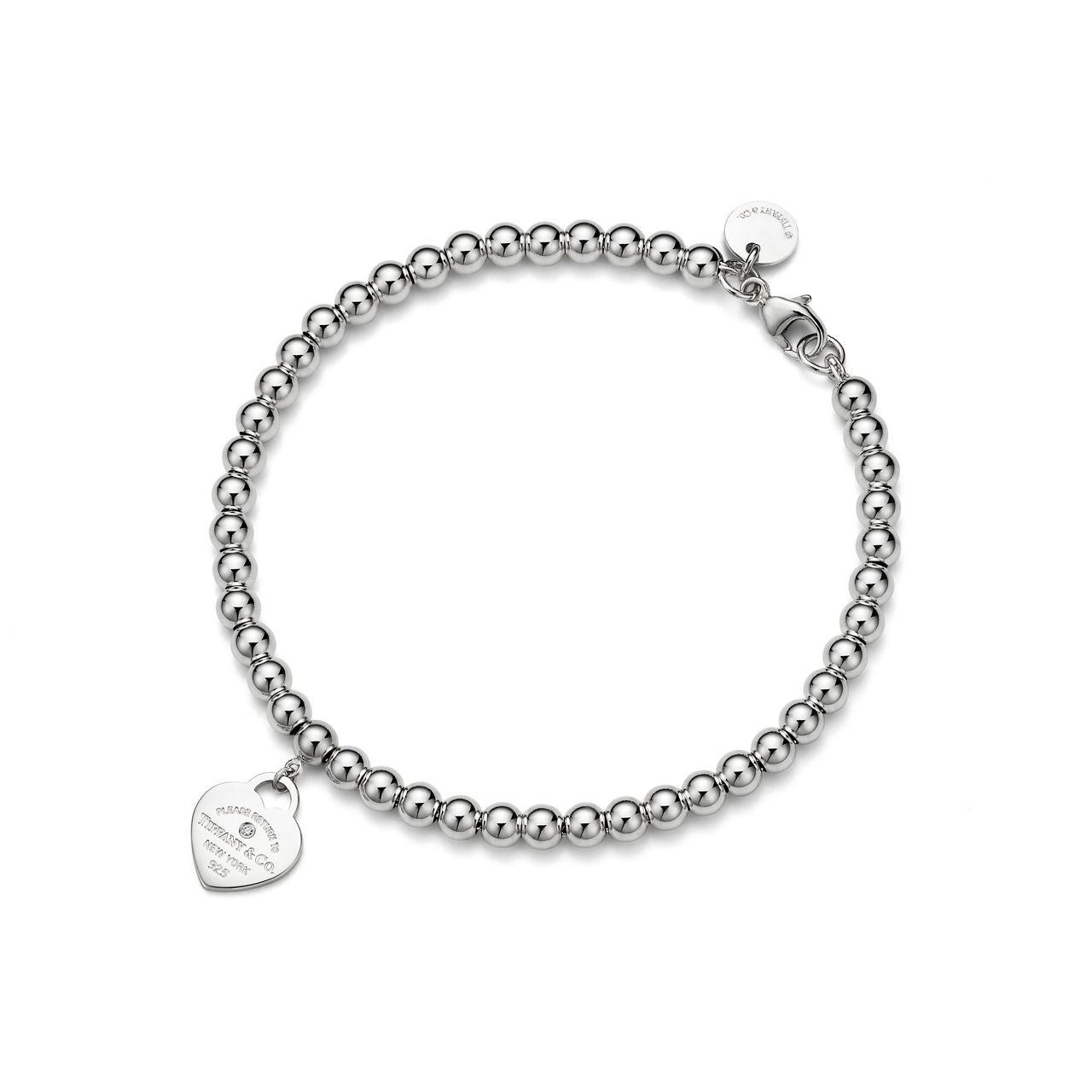 Bracelet de perles Plaque Cœur en argent 925 millièmes et diamant, 4 mm