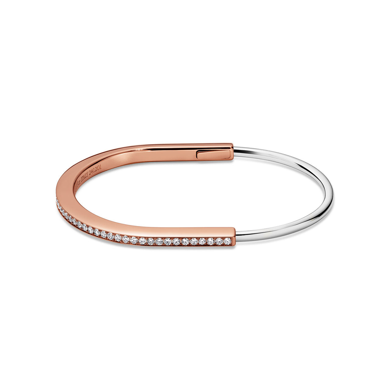 Bracelet jonc étroit en or rose et blanc 18 carats et pavé de diamants demi-cercle