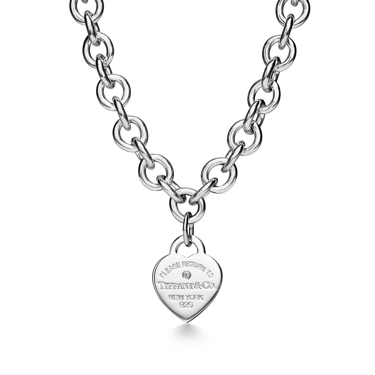 Collier Plaque Cœur en argent 925 millièmes et diamant. Medium