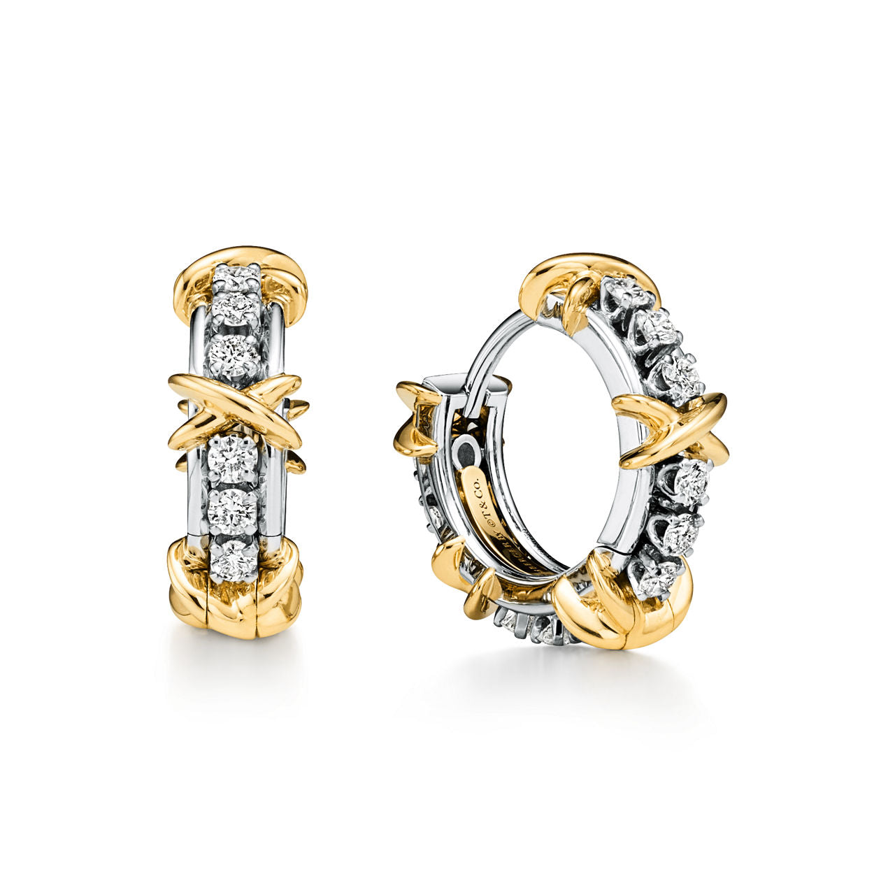 Boucles d’oreilles en platine, or jaune et diamants, style étroit