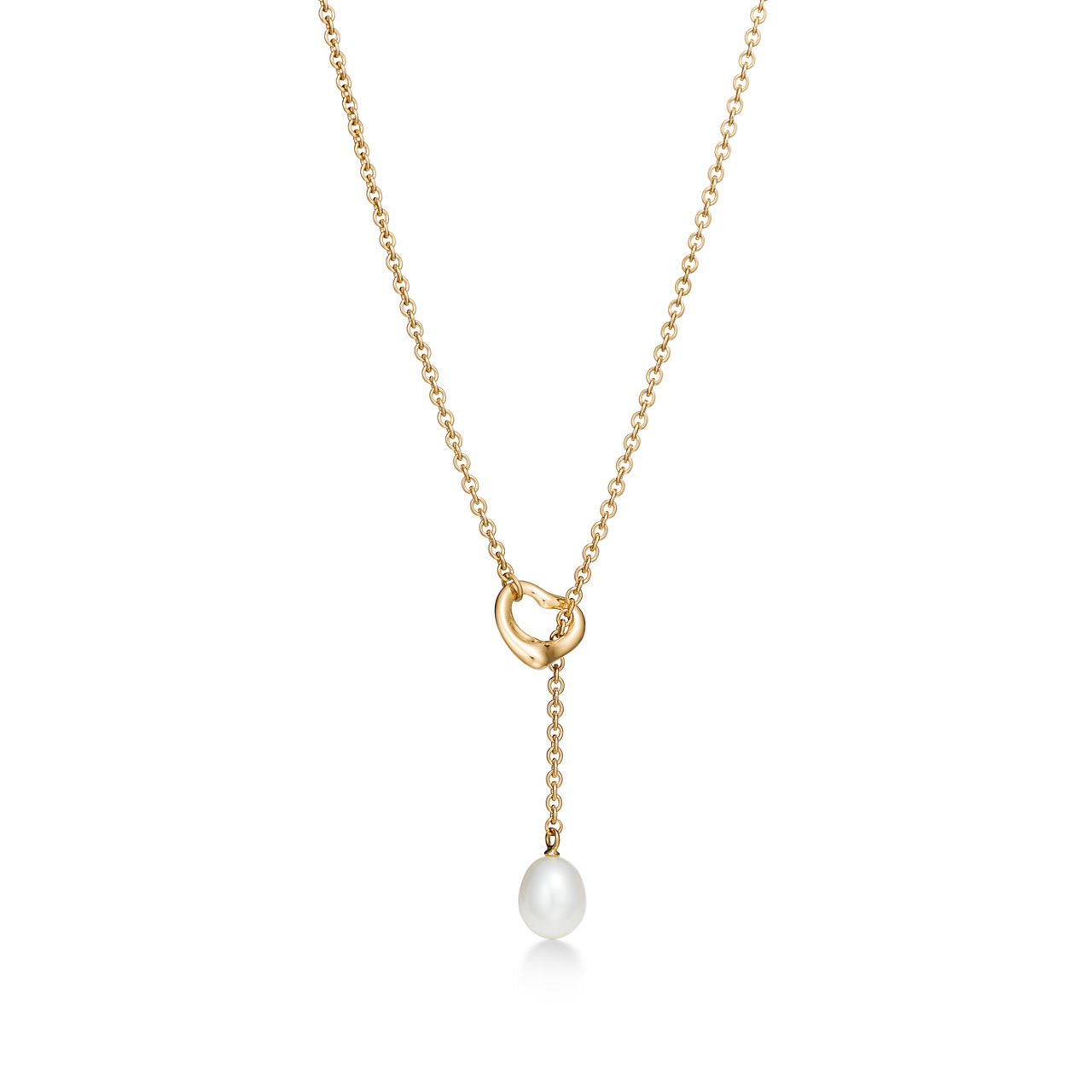 Collier Lasso Open Heart en or jaune 18 carats et perles. 7,5-8 mm.