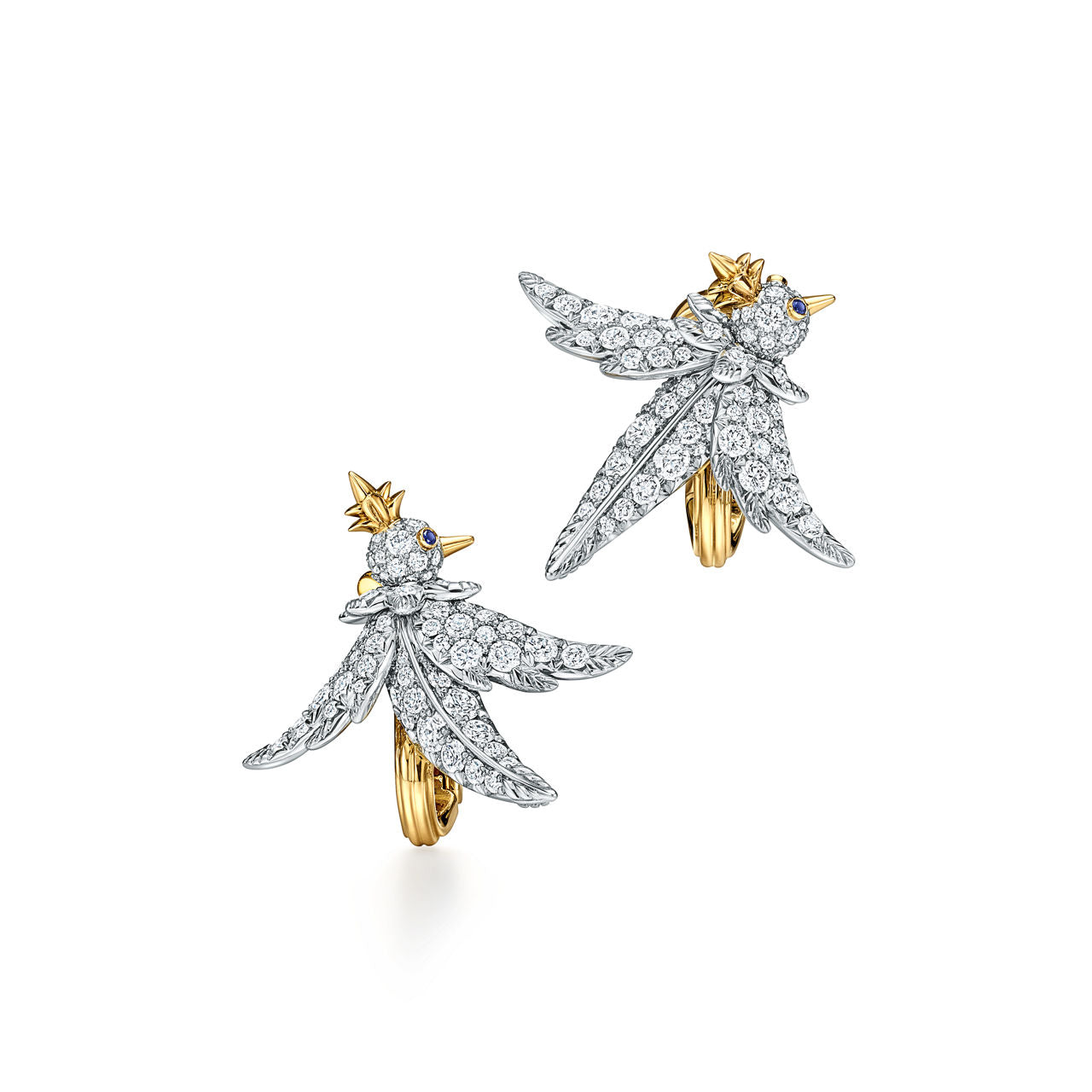 Boucles d'oreilles Bird en platine, or et diamants