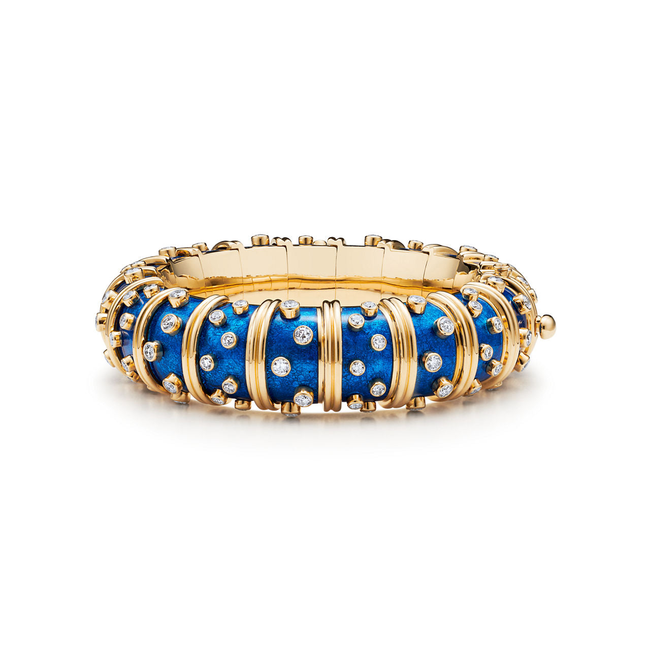 Bracelet large en or, émail bleu ciel et diamants