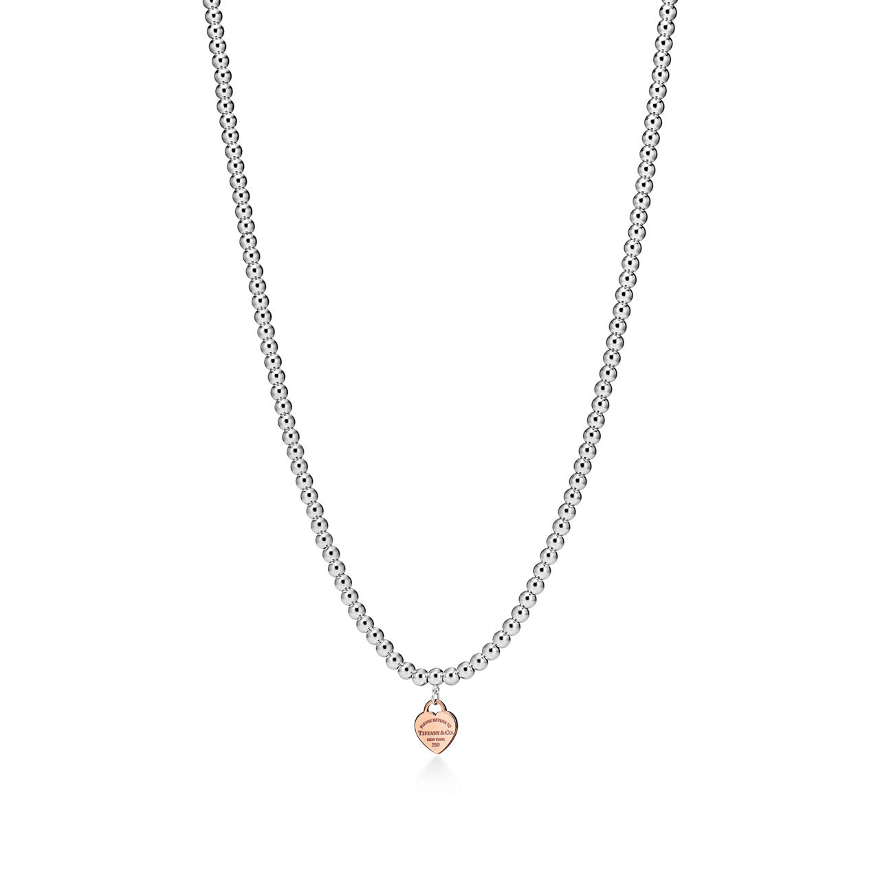 Collier de perles Plaque Cœur en argent 925 millièmes et or rose 18 carats. Mini.