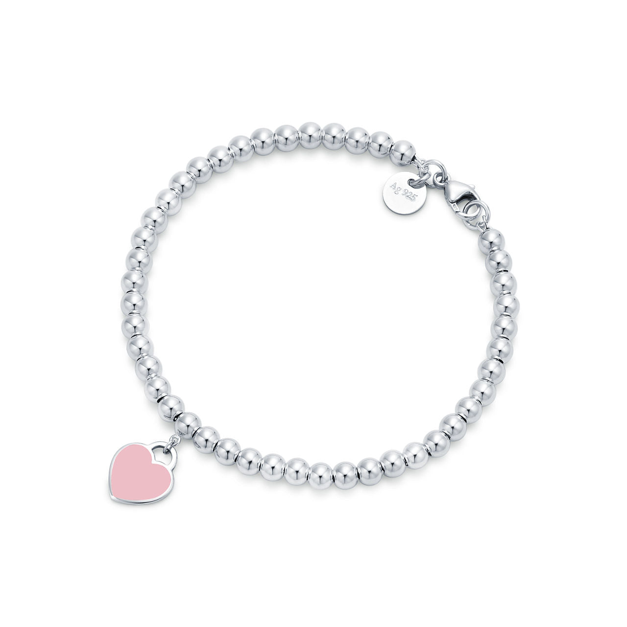 Bracelet de perles Plaque Cœur rose en argent 925 millièmes. 4 mm.