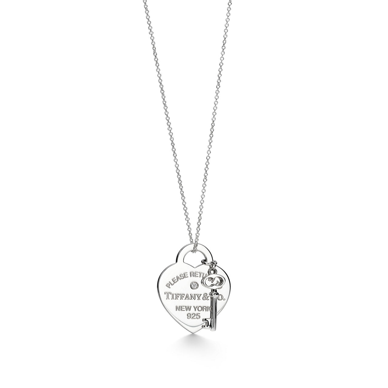 Collier Plaque Cœur et Clé argent 925 millièmes et diamant. Medium