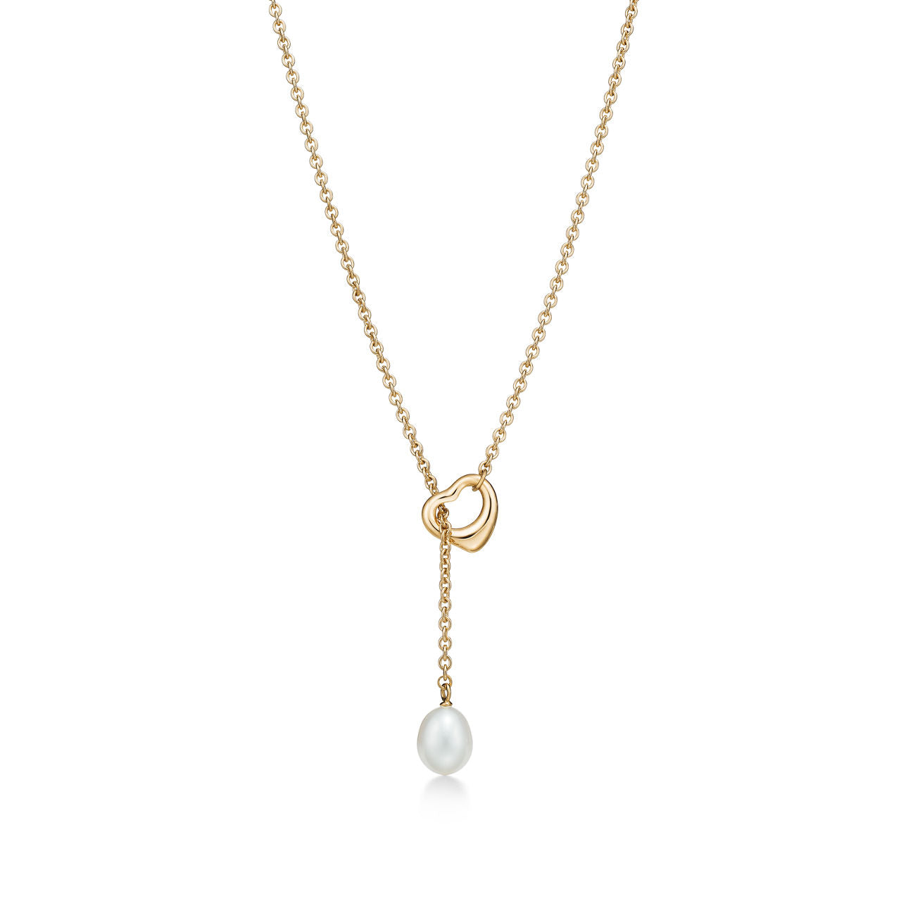 Collier Lasso Open Heart en or jaune 18 carats et perles. 7,5-8 mm.