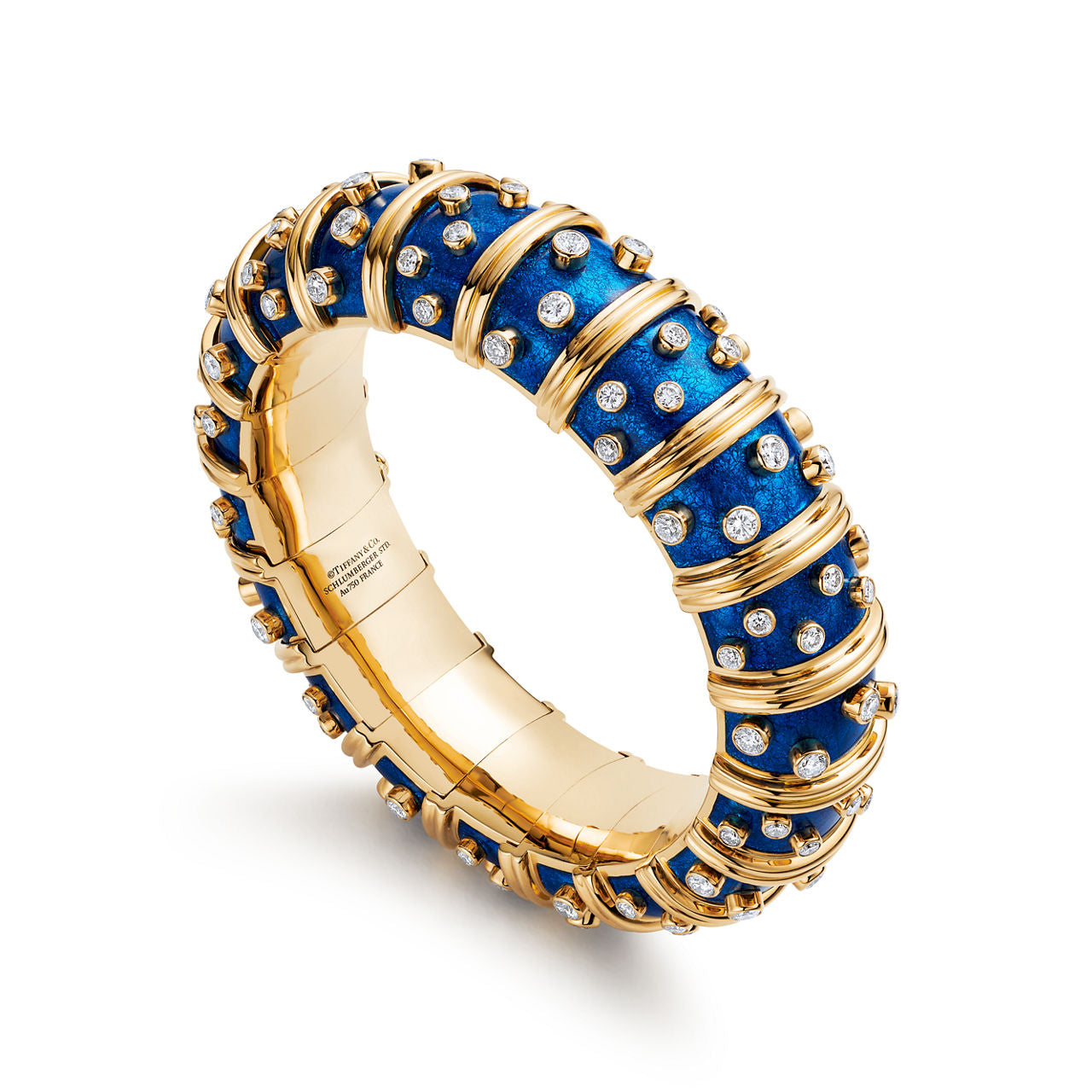 Bracelet large en or, émail bleu ciel et diamants