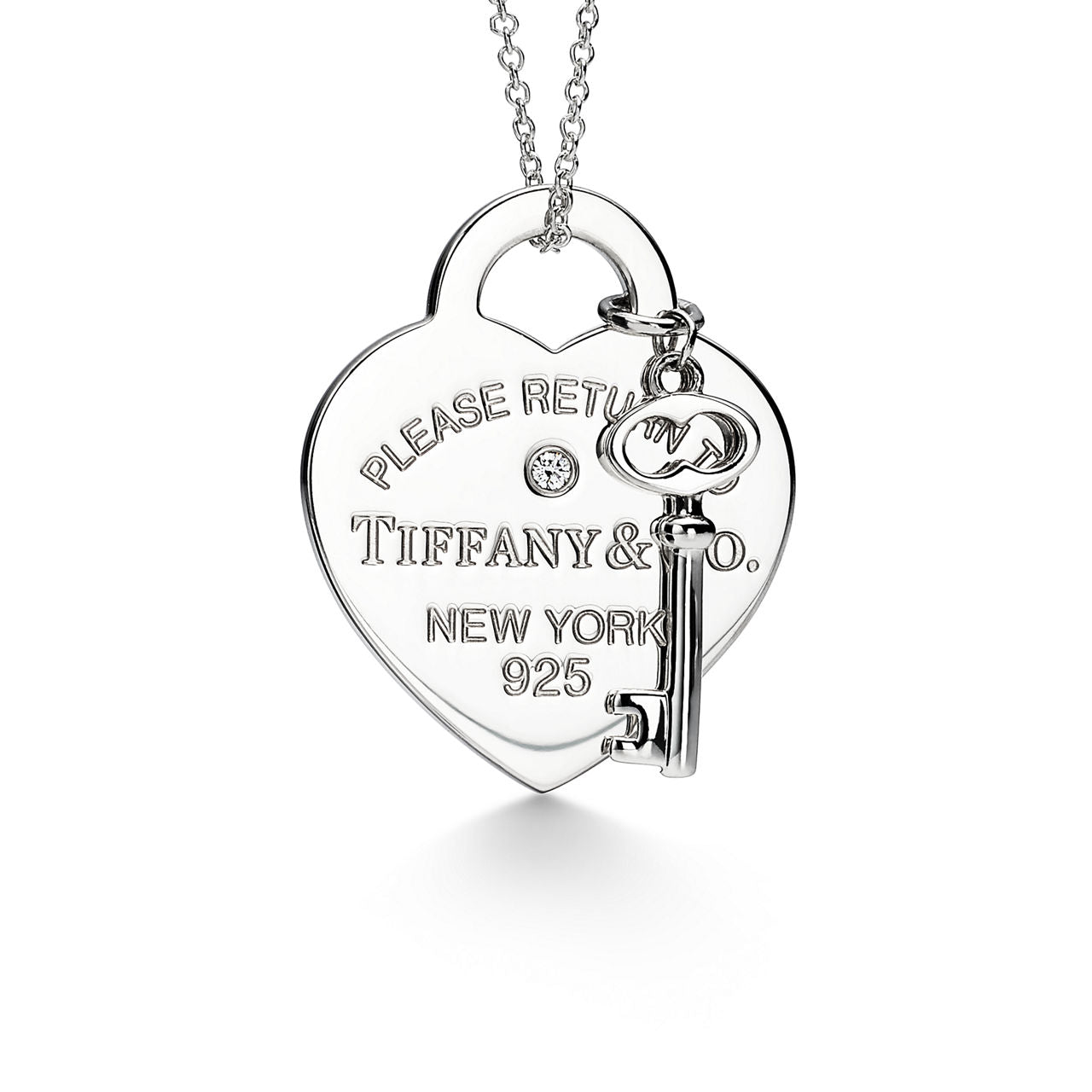 Collier Plaque Cœur et Clé argent 925 millièmes et diamant. Medium