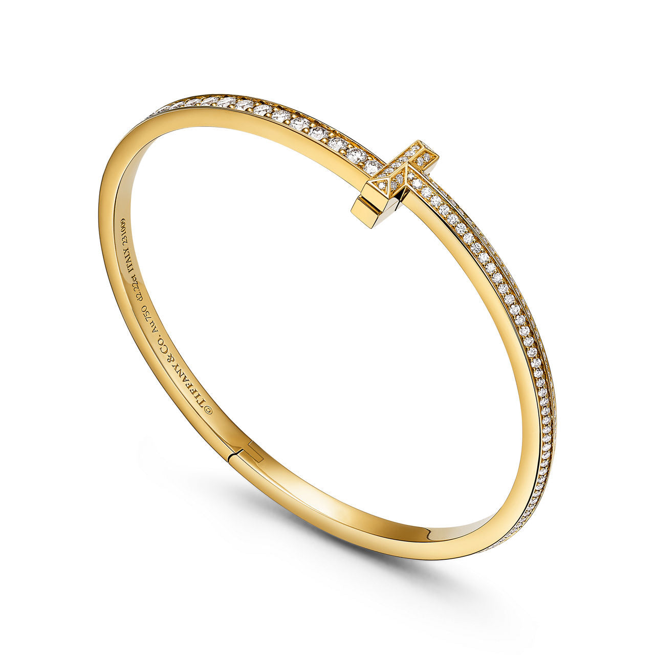 Bracelet jonc étroit à charnière T1 serti de diamants en pavé en or jaune 18 carats