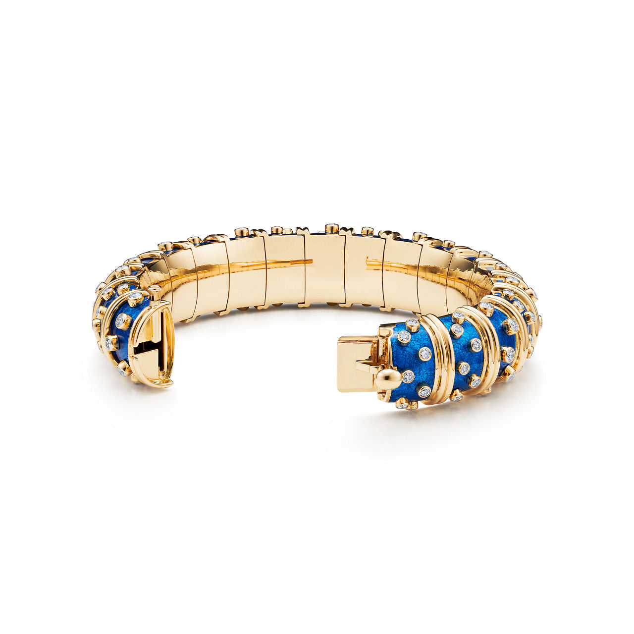 Bracelet large en or, émail bleu ciel et diamants