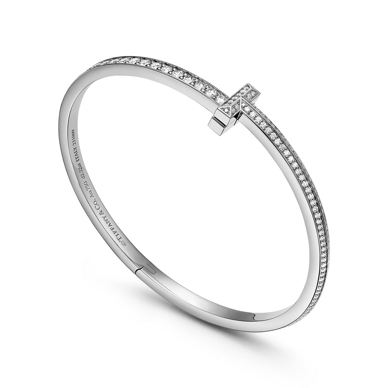 Bracelet jonc étroit à charnière T1 serti de diamants en pavé en or blanc 18 carats