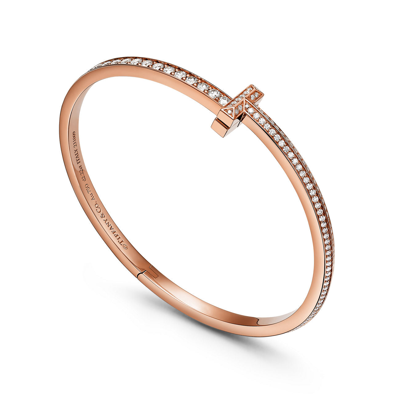 Bracelet jonc étroit à charnière T1 serti de diamants en pavé en or rose