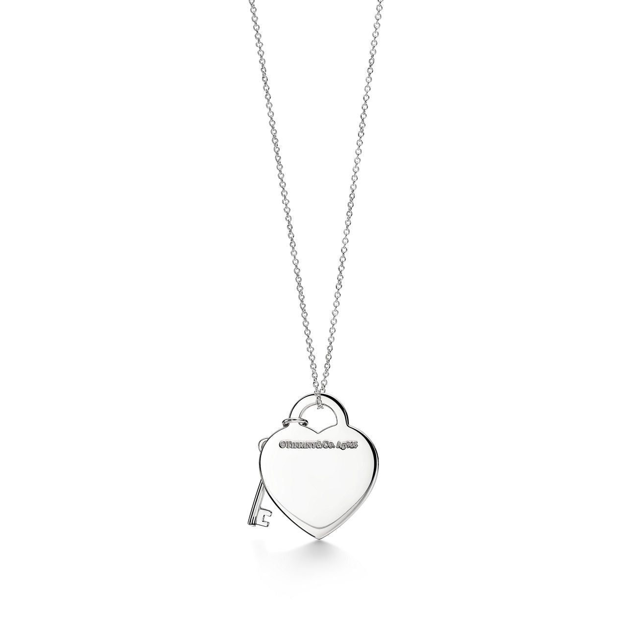 Collier Plaque Cœur et Clé argent 925 millièmes et diamant. Medium