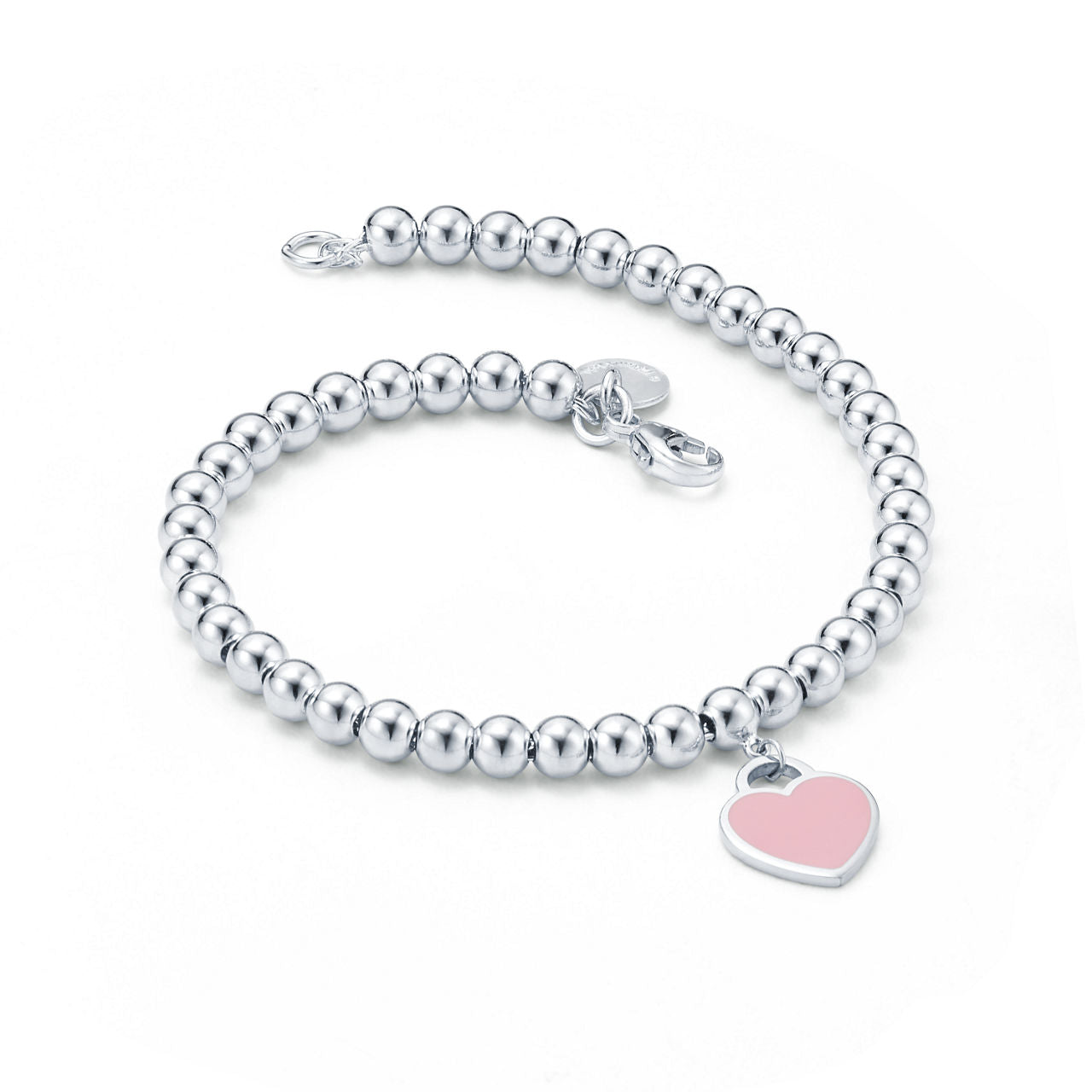Bracelet de perles Plaque Cœur rose en argent 925 millièmes. 4 mm.