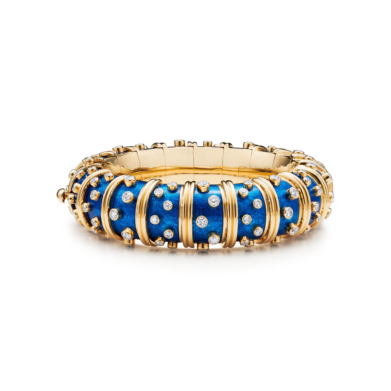 Bracelet large en or, émail bleu ciel et diamants