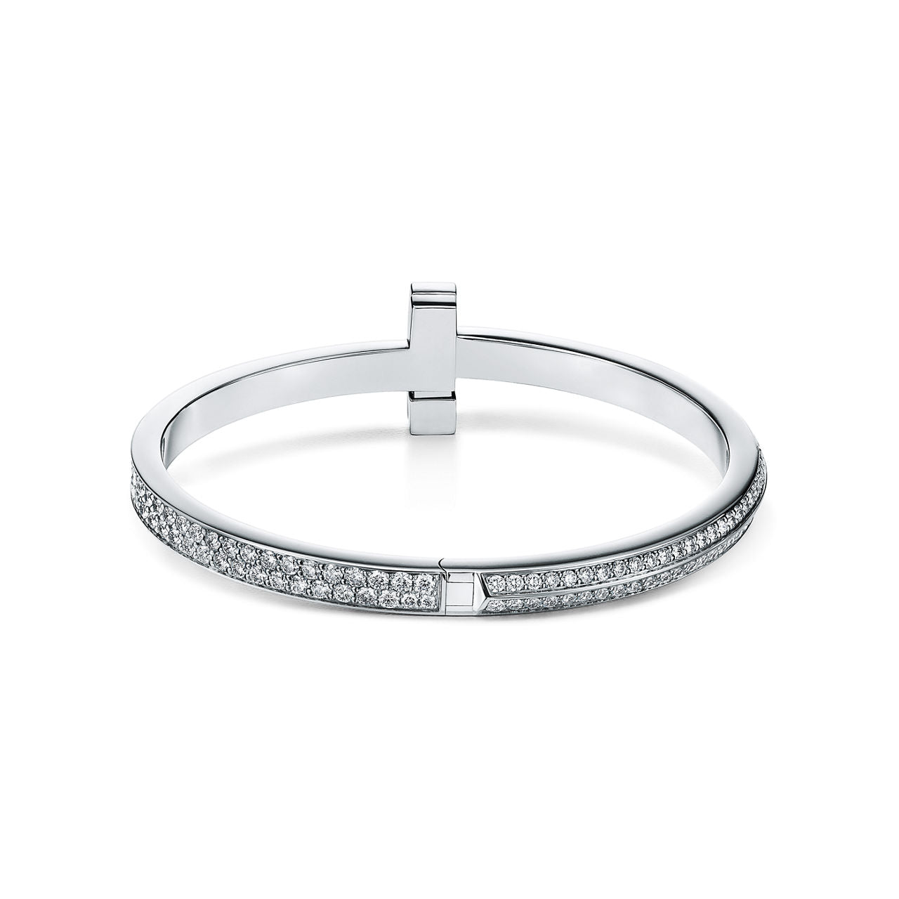 Bracelet jonc à charnière large T1 orné de diamants en or blanc 18 carats
