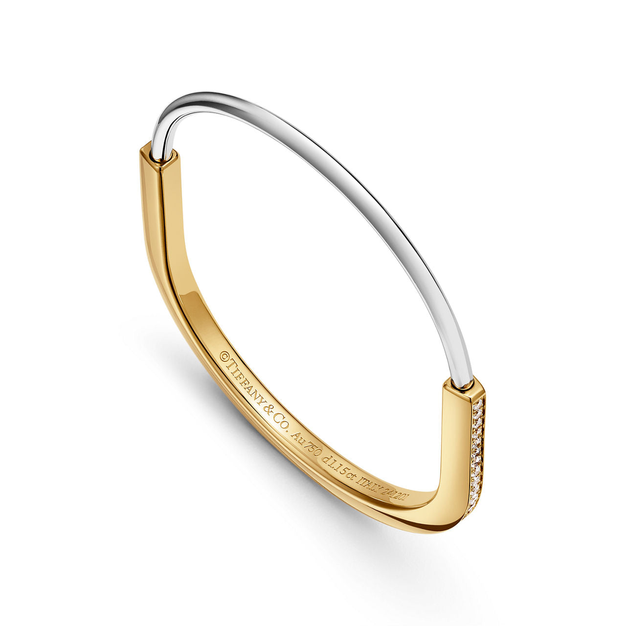 Bracelet jonc étroit en or jaune et blanc 18 carats et pavé de diamants demi-cercle