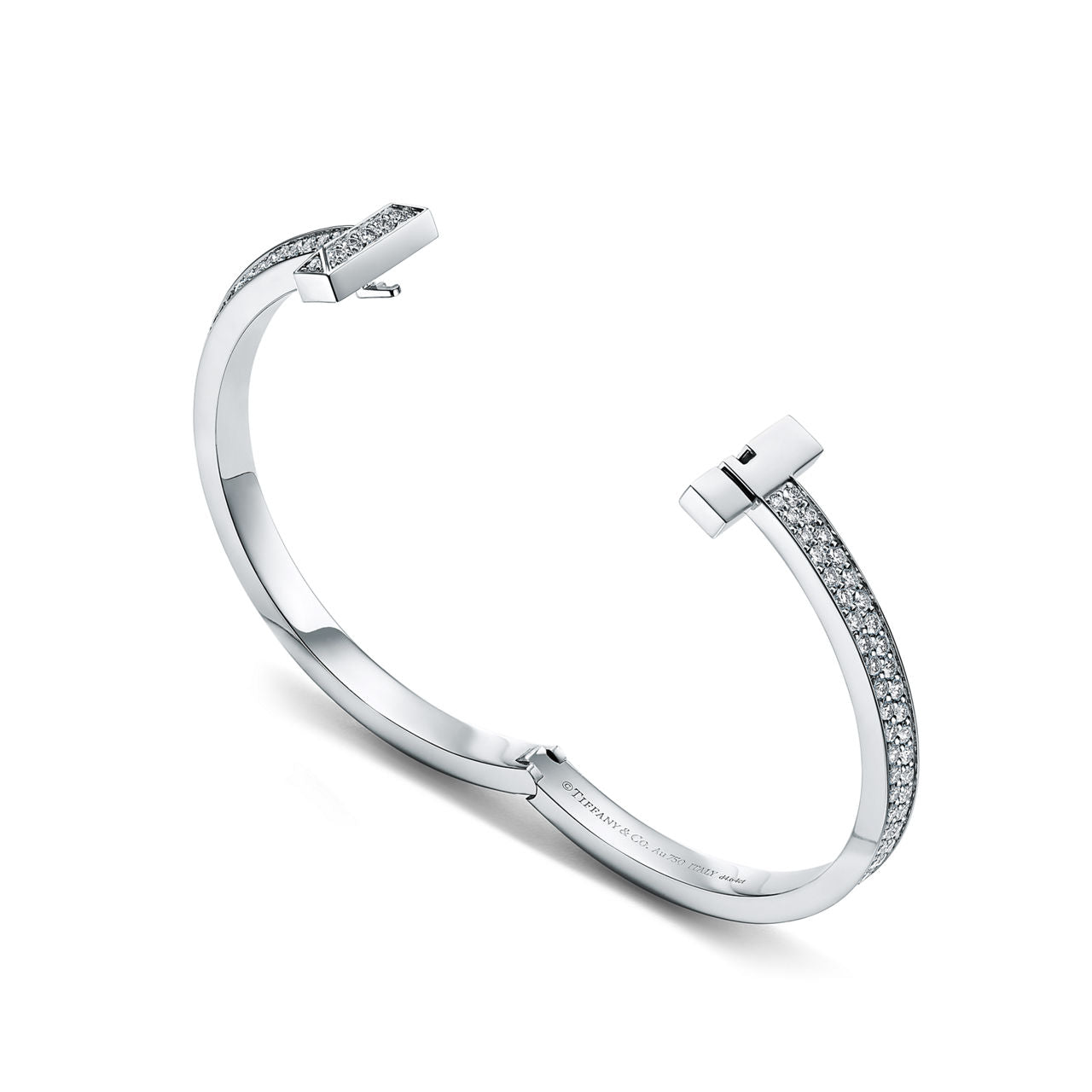 Bracelet jonc à charnière large T1 orné de diamants en or blanc 18 carats