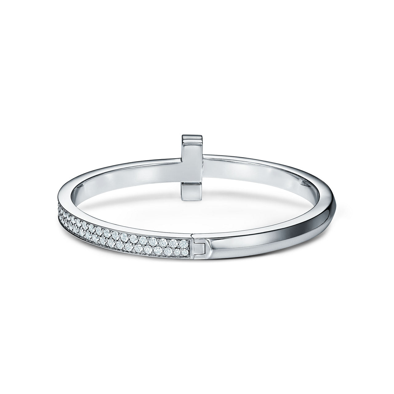 Bracelet jonc à charnière large T1 orné de diamants en or blanc 18 carats