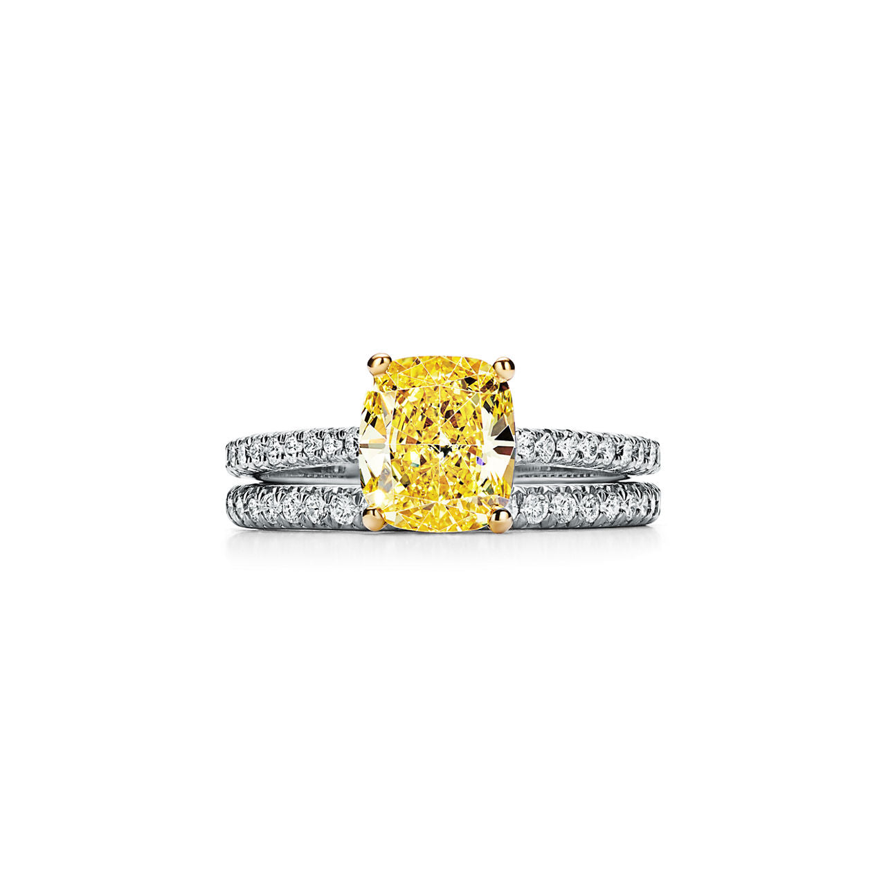 Tiffany Novo® Bague de fiançailles ornée d’un diamant jaune avec anneau en platine 950 millièmes pavé de diamants